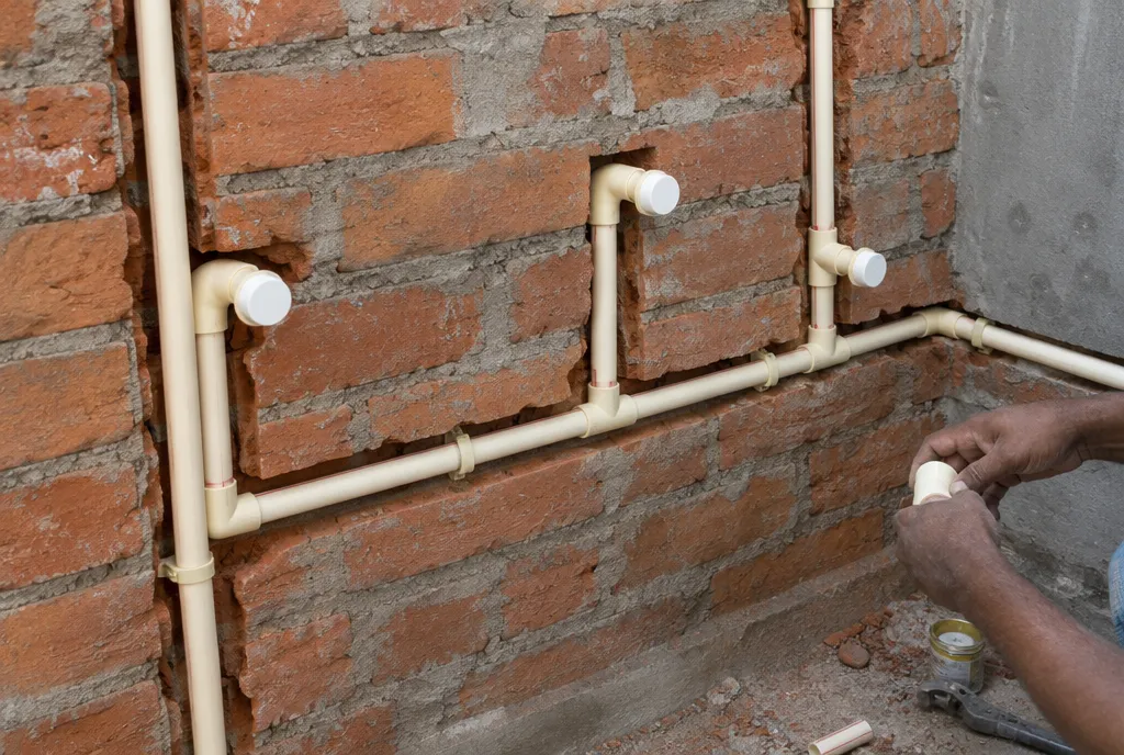 Red brick wall with vertical electrical conduits and metal switch boxes fixed before plastering (2)