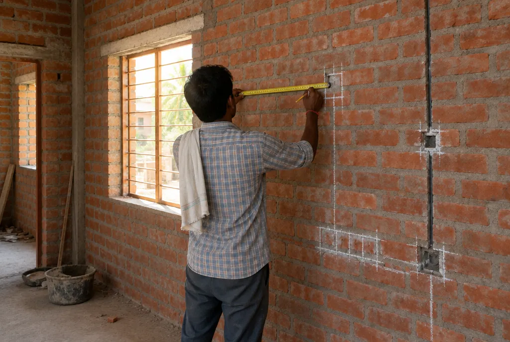 Red brick wall with vertical electrical conduits and metal switch boxes fixed before plastering (4)
