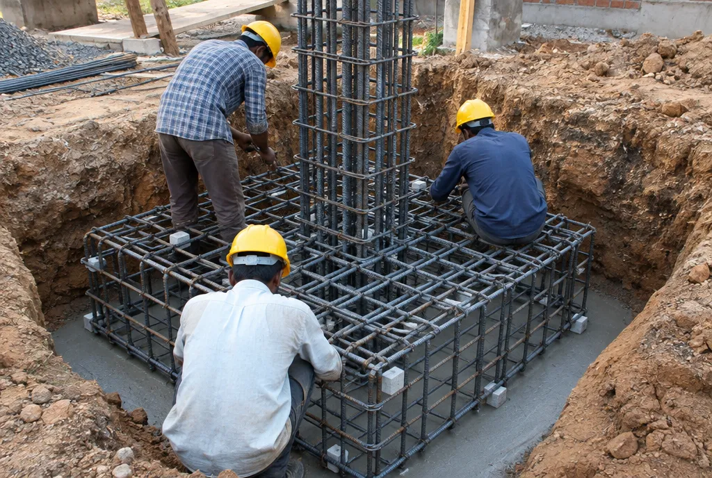 Engineer taking a soil sample with a hand auger beside foundation trenches at a house plot in Jaipur (2)