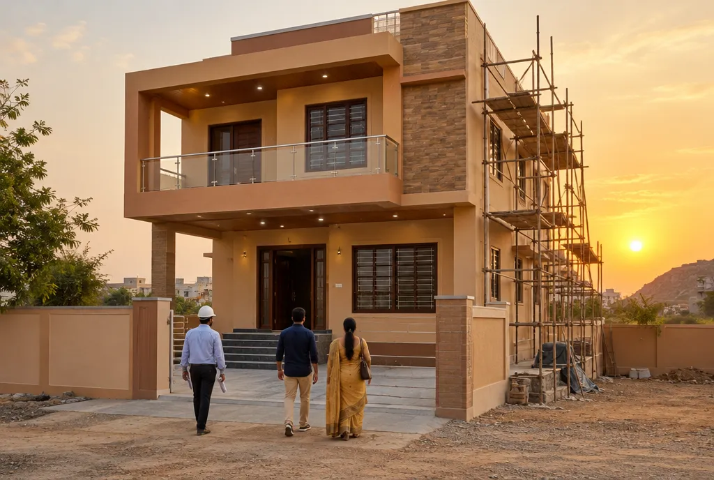 Engineer taking a soil sample with a hand auger beside foundation trenches at a house plot in Jaipur (4)
