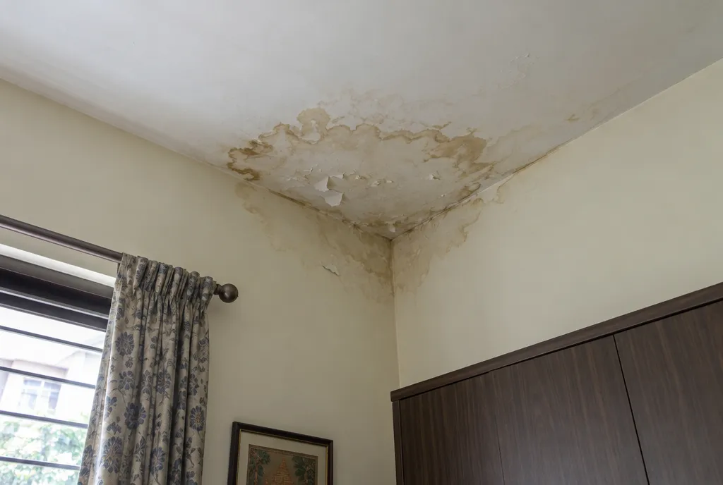 Damp patch with peeling paint and white salt deposits on the lower part of a wall, checked with a moisture meter (2)