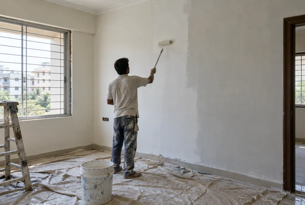 Damp patch with peeling paint and white salt deposits on the lower part of a wall, checked with a moisture meter (4)