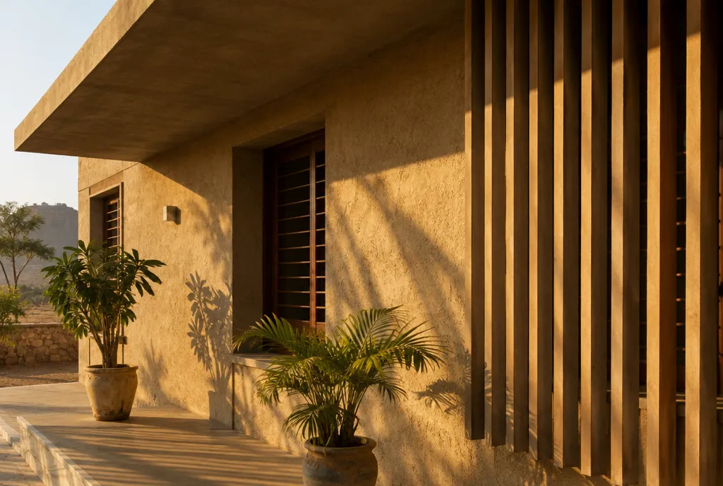 Two-storey sandstone and plaster house in Jaipur with deep verandah, overhangs and a neem tree in the garden (3)