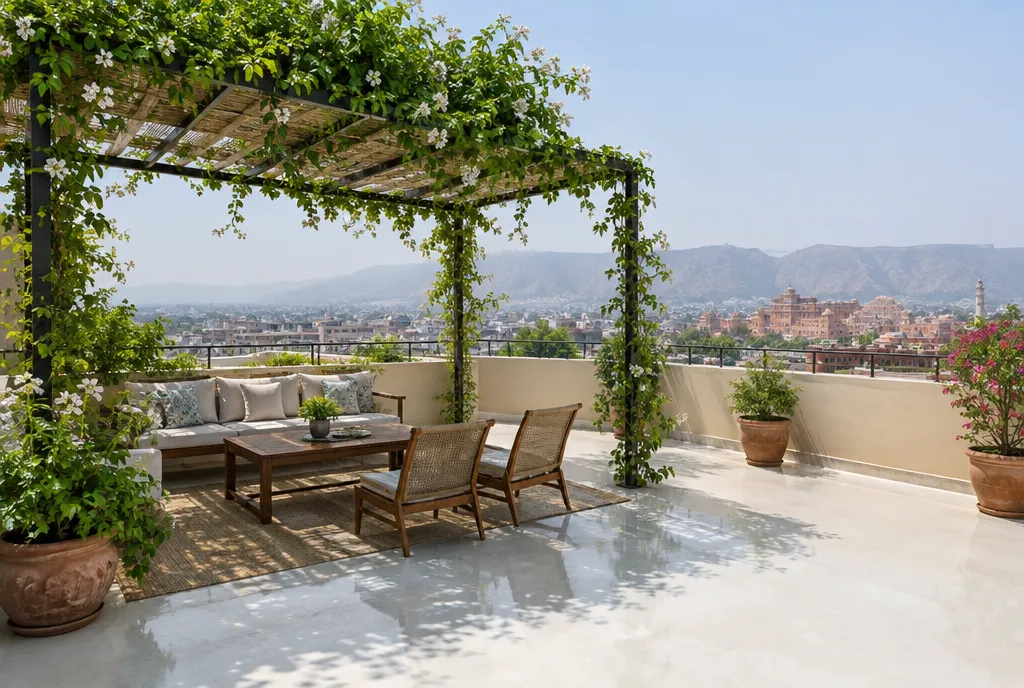 Two-storey sandstone and plaster house in Jaipur with deep verandah, overhangs and a neem tree in the garden (4)