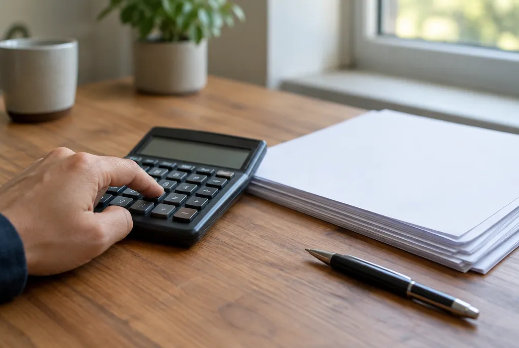Indian couple seen from behind at a dining table with blank papers, a calculator and a small model house (2)