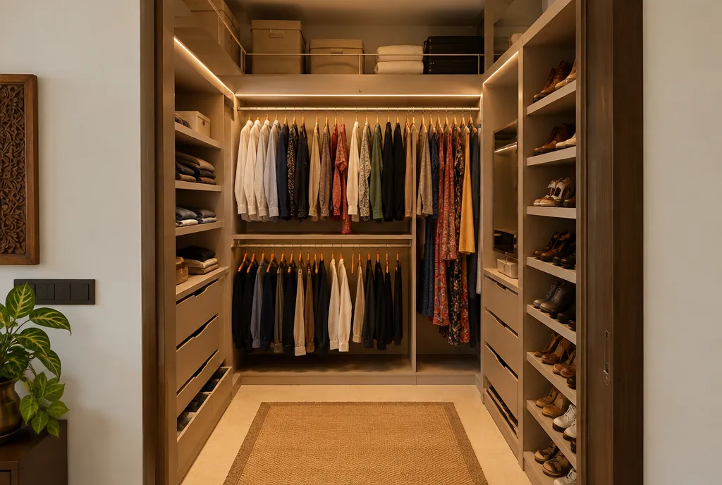 Built-in floor-to-ceiling wardrobe in an Indian bedroom with one door open showing rails, shelves and drawers (2)