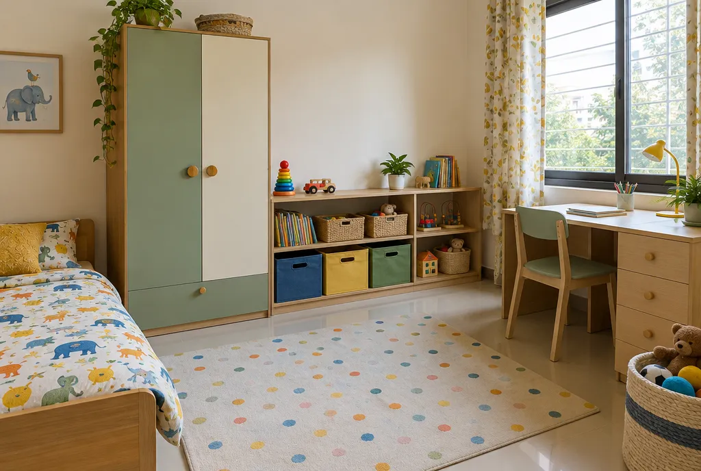 Built-in floor-to-ceiling wardrobe in an Indian bedroom with one door open showing rails, shelves and drawers (3)