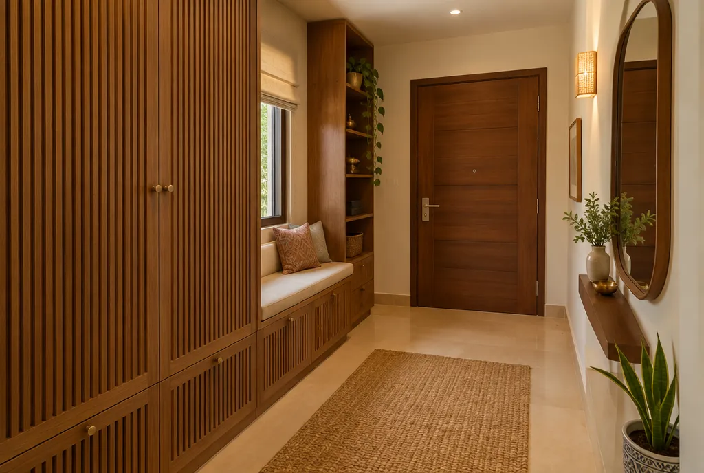 Built-in floor-to-ceiling wardrobe in an Indian bedroom with one door open showing rails, shelves and drawers (4)