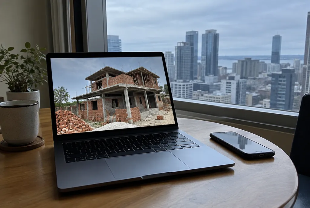 Laptop on a desk in the evening showing a video call of a half-built house on a construction site (3)
