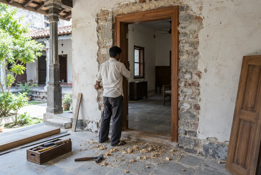 Mason repairing lime-plastered walls in the courtyard of an older Jaipur house with a small scaffold and stone arches (3)