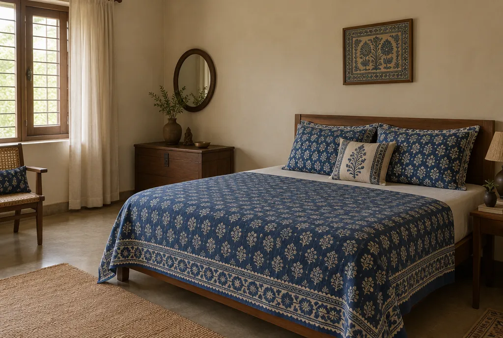 Living room with a terracotta accent wall, indigo cushions, cream walls, a jute rug and brass accents (2)