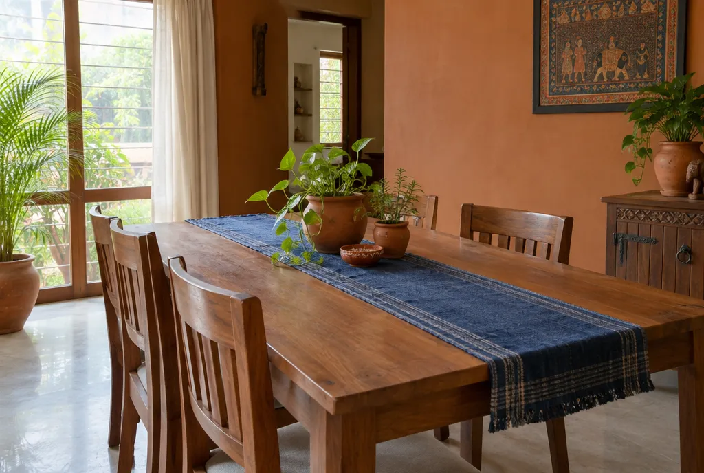 Living room with a terracotta accent wall, indigo cushions, cream walls, a jute rug and brass accents (3)