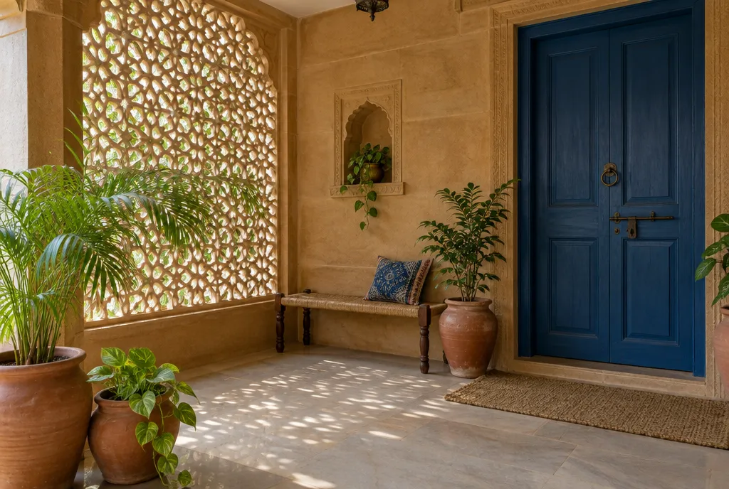 Living room with a terracotta accent wall, indigo cushions, cream walls, a jute rug and brass accents (4)