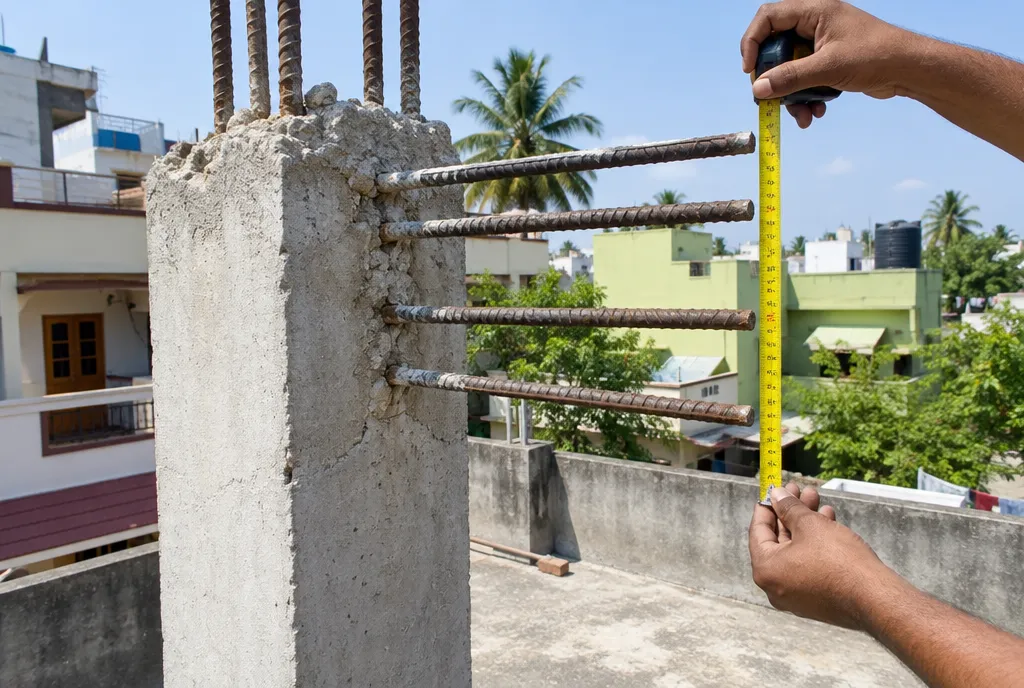 New reinforcement steel rising from the roof slab of an Indian house with scaffolding set up for an additional floor (2)