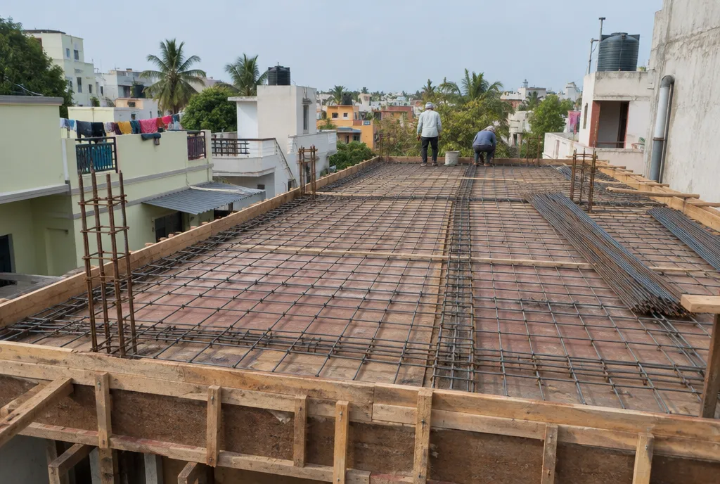New reinforcement steel rising from the roof slab of an Indian house with scaffolding set up for an additional floor (4)
