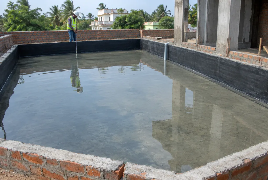 Worker applying grey waterproofing coating on a flat terrace with the parapet junction coated, Jaipur skyline behind (3)