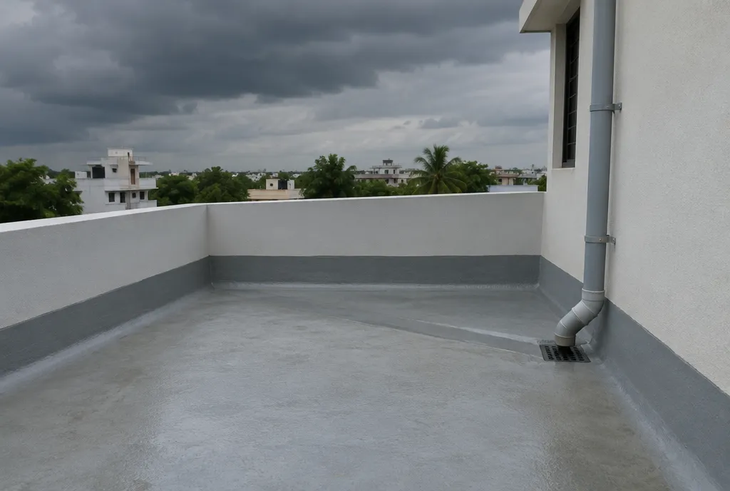 Worker applying grey waterproofing coating on a flat terrace with the parapet junction coated, Jaipur skyline behind (4)