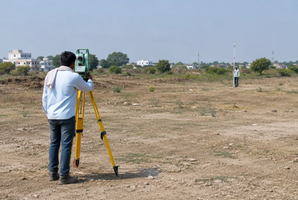 Vacant residential plot near Jaipur marked with wooden pegs and string, with hills in the distance (2)