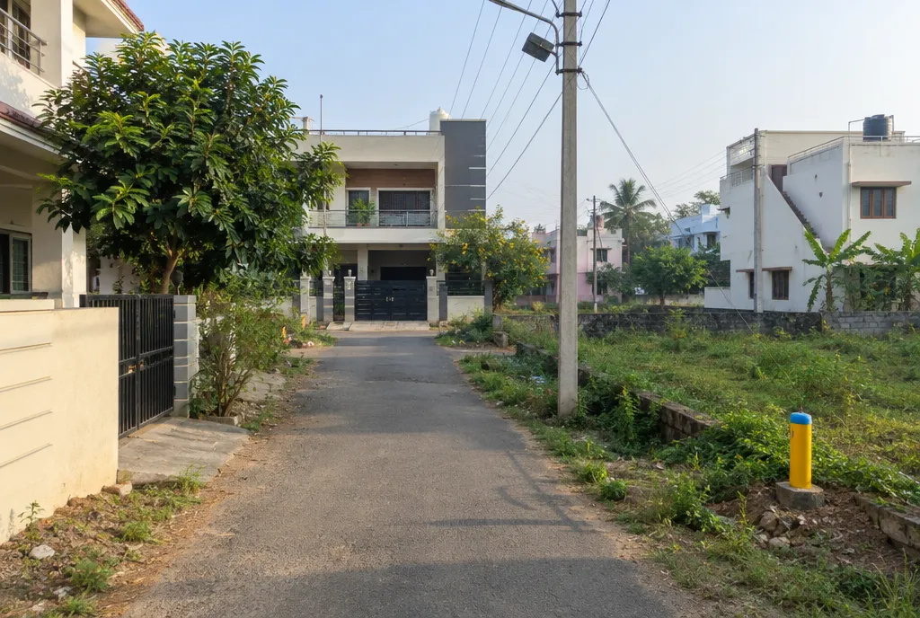 Vacant residential plot near Jaipur marked with wooden pegs and string, with hills in the distance (3)