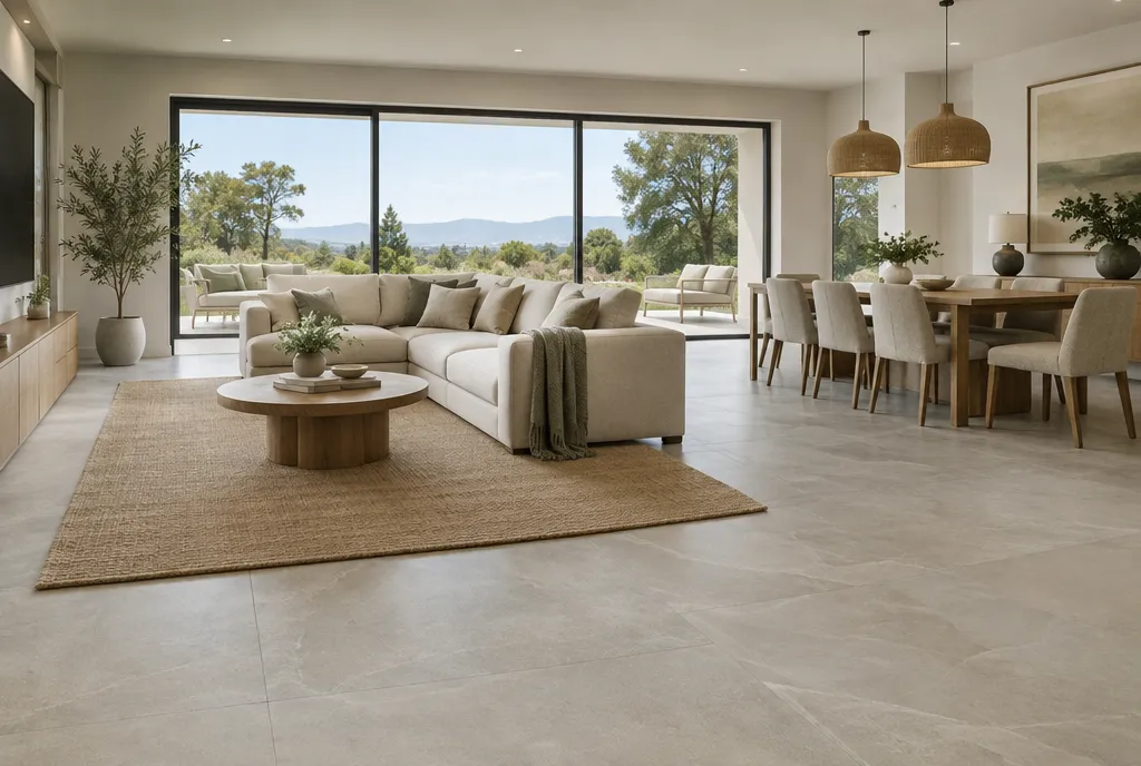 Indian living room with polished white marble floor with soft grey veining and wooden furniture in afternoon light (2)