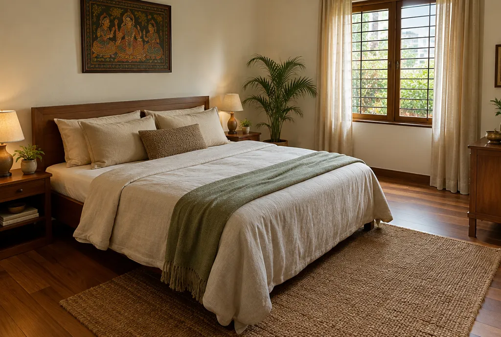 Indian living room with polished white marble floor with soft grey veining and wooden furniture in afternoon light (3)