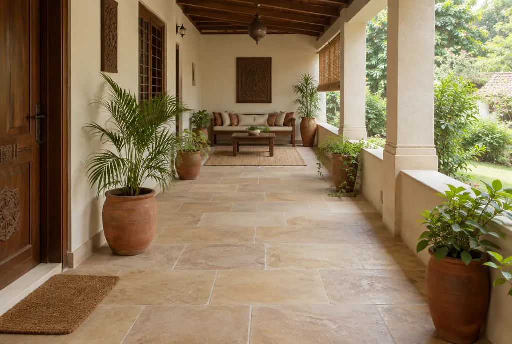 Indian living room with polished white marble floor with soft grey veining and wooden furniture in afternoon light (4)