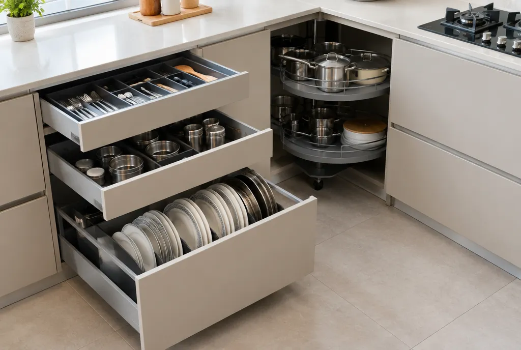 Bright modular kitchen with off-white matte cabinets, wood-grain accents, a quartz countertop and a pull-out spice unit (2)