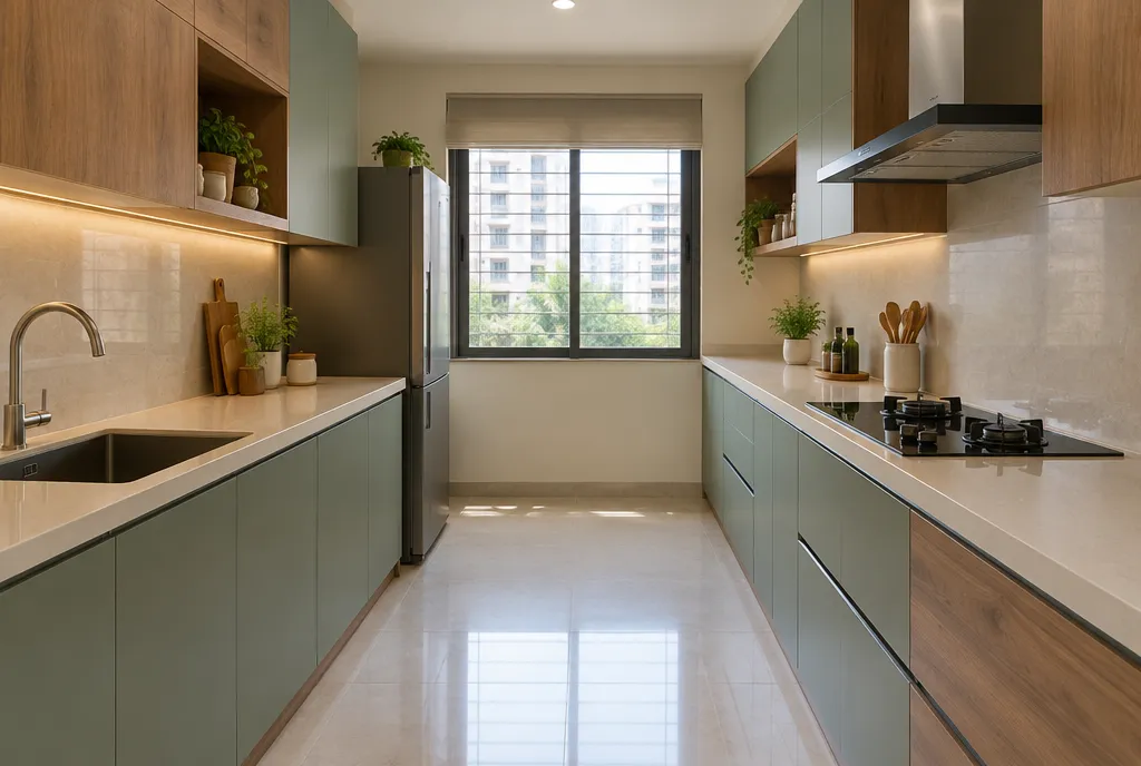 Bright modular kitchen with off-white matte cabinets, wood-grain accents, a quartz countertop and a pull-out spice unit (3)