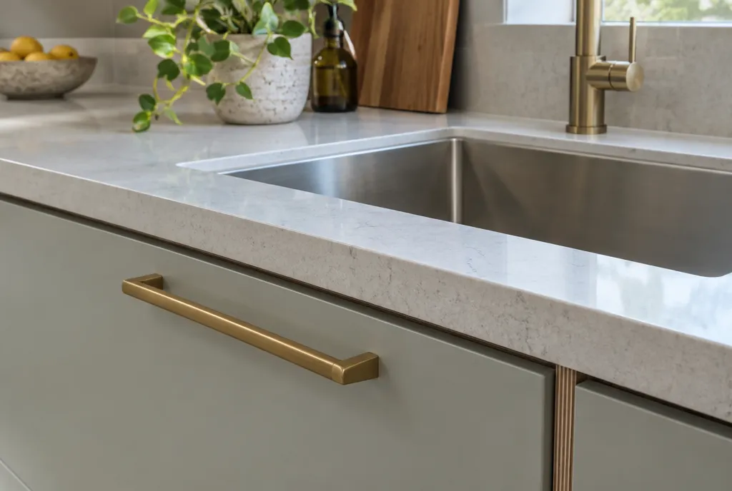 Bright modular kitchen with off-white matte cabinets, wood-grain accents, a quartz countertop and a pull-out spice unit (4)