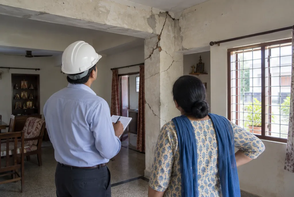 Ageing two-storey house in Jaipur with weathered plaster and a small scaffold on one side as renovation begins (2)