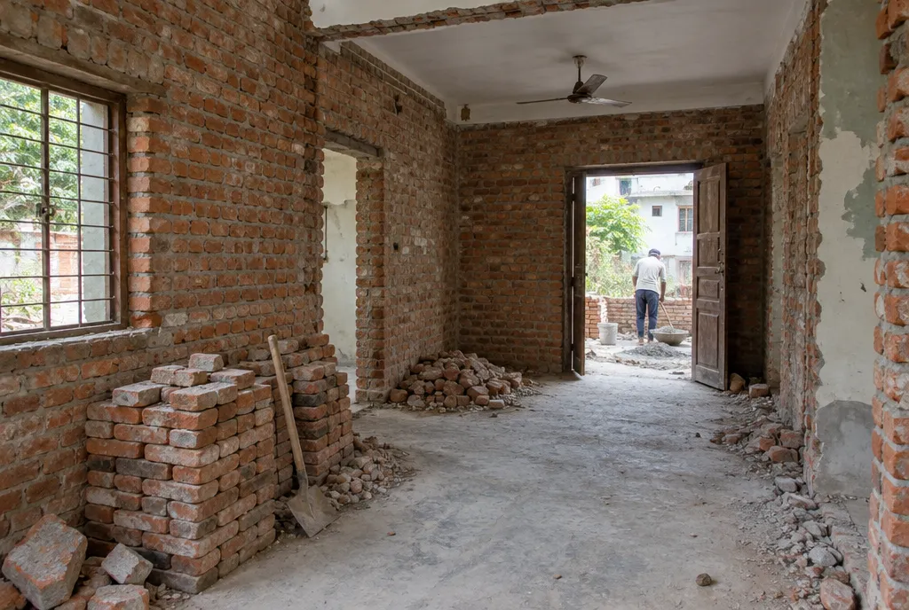 Ageing two-storey house in Jaipur with weathered plaster and a small scaffold on one side as renovation begins (3)