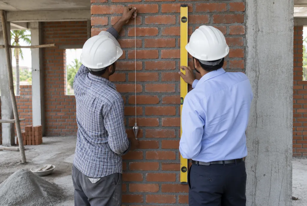 Site supervisor reading an auto level on a tripod while an assistant holds a staff on a building plinth in Jaipur (2)