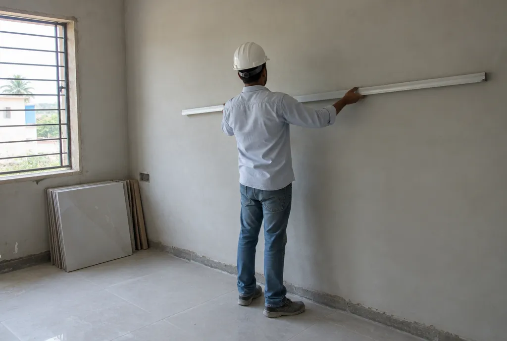Site supervisor reading an auto level on a tripod while an assistant holds a staff on a building plinth in Jaipur (4)