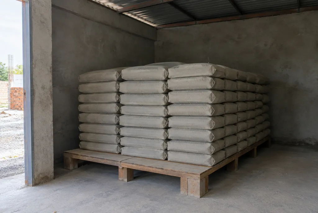 Bundles of ribbed TMT steel bars stacked on timber sleepers beside raised cement stacks at a construction site (2)