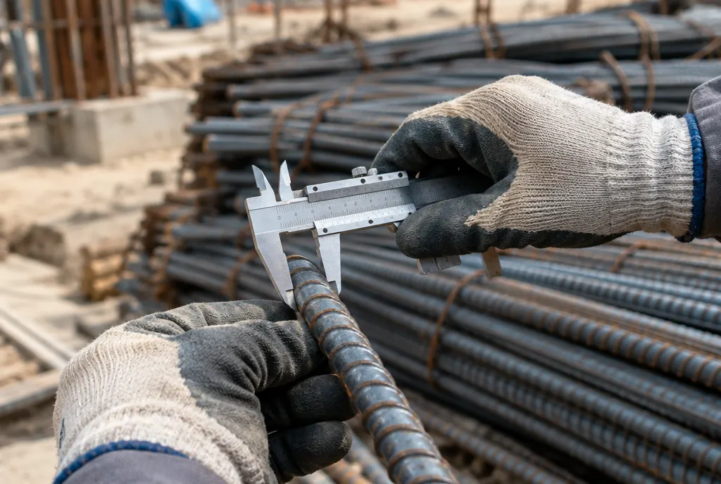 Bundles of ribbed TMT steel bars stacked on timber sleepers beside raised cement stacks at a construction site (3)