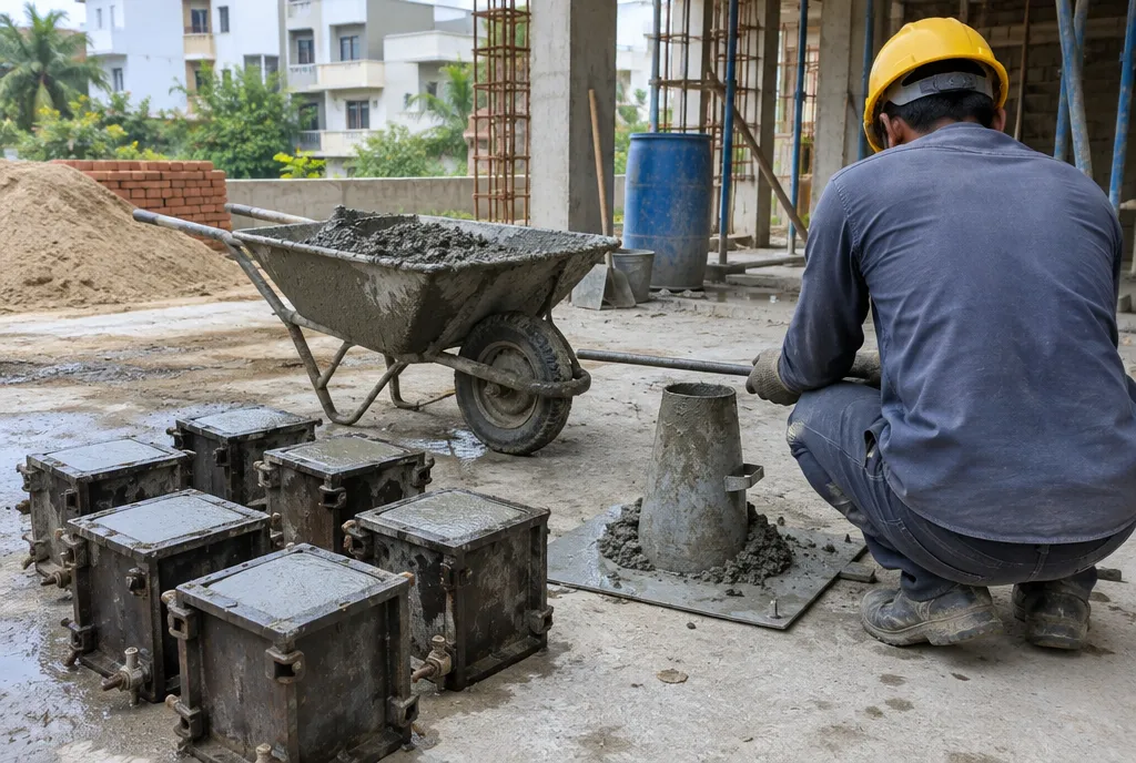 Bundles of ribbed TMT steel bars stacked on timber sleepers beside raised cement stacks at a construction site (4)