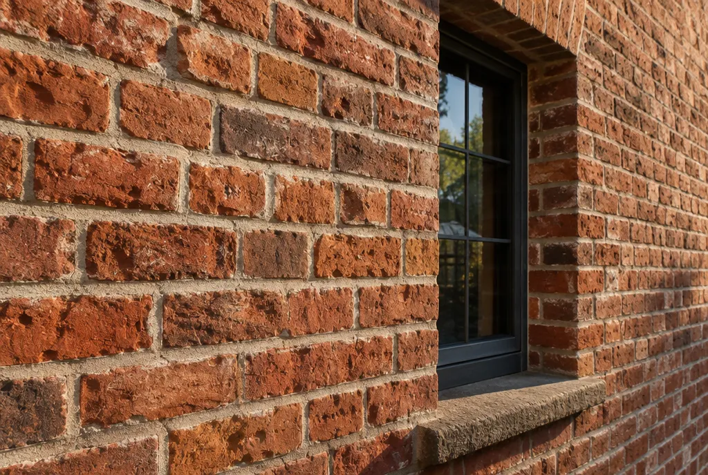 Contemporary house facade with sandstone cladding, off-white plaster, a concrete overhang and a large glass window (2)