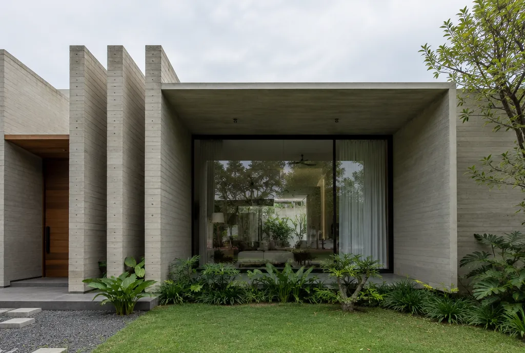 Contemporary house facade with sandstone cladding, off-white plaster, a concrete overhang and a large glass window (4)