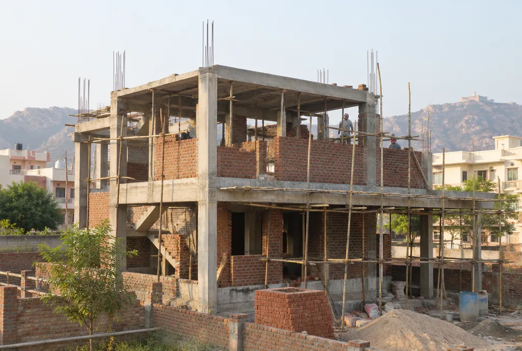 Indian family seen from behind reviewing a printed floor plan with an architect at a table beside a window (2)