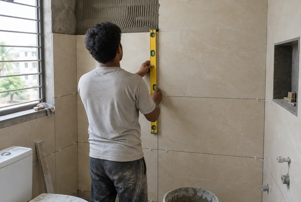 Bathroom mid-renovation with fresh waterproofing coating on the floor, chased wall pipework and stacked tiles (2)