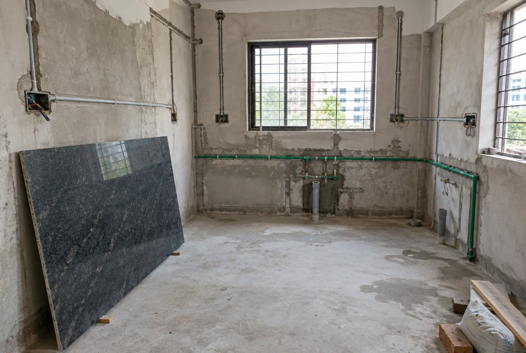 Bathroom mid-renovation with fresh waterproofing coating on the floor, chased wall pipework and stacked tiles (3)