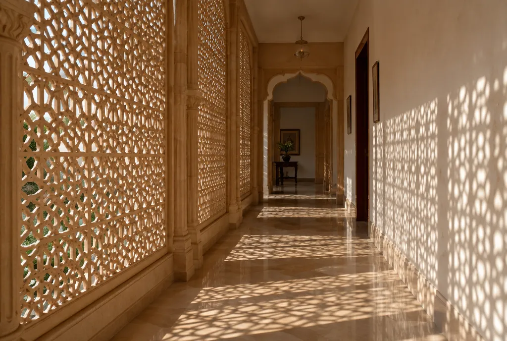 Home courtyard open to the sky with potted plants and stone floor, ground-floor rooms opening onto it through glazed doors (2)