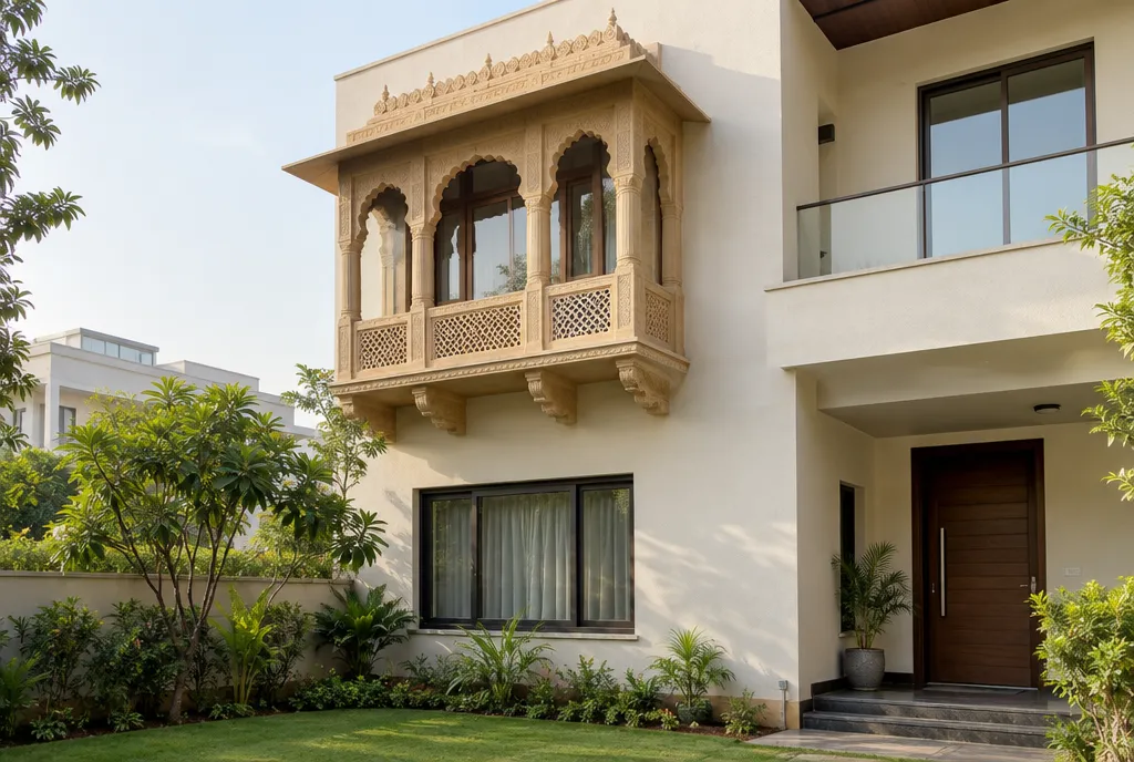 Home courtyard open to the sky with potted plants and stone floor, ground-floor rooms opening onto it through glazed doors (3)