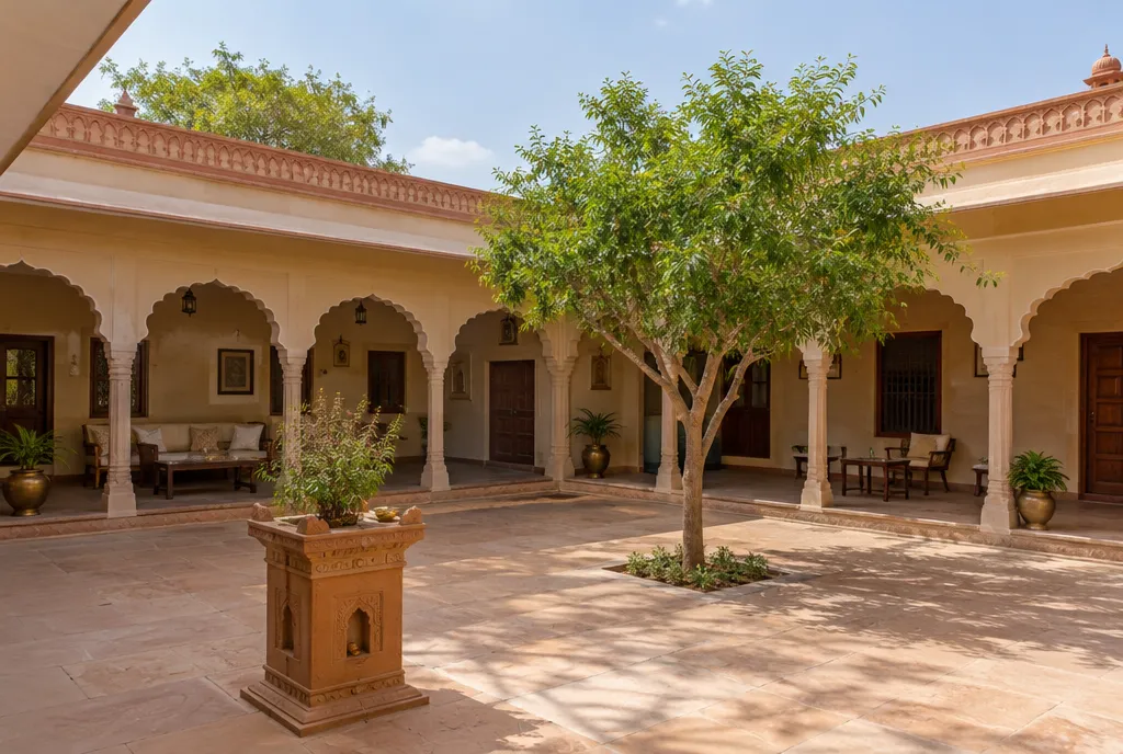 Home courtyard open to the sky with potted plants and stone floor, ground-floor rooms opening onto it through glazed doors (4)