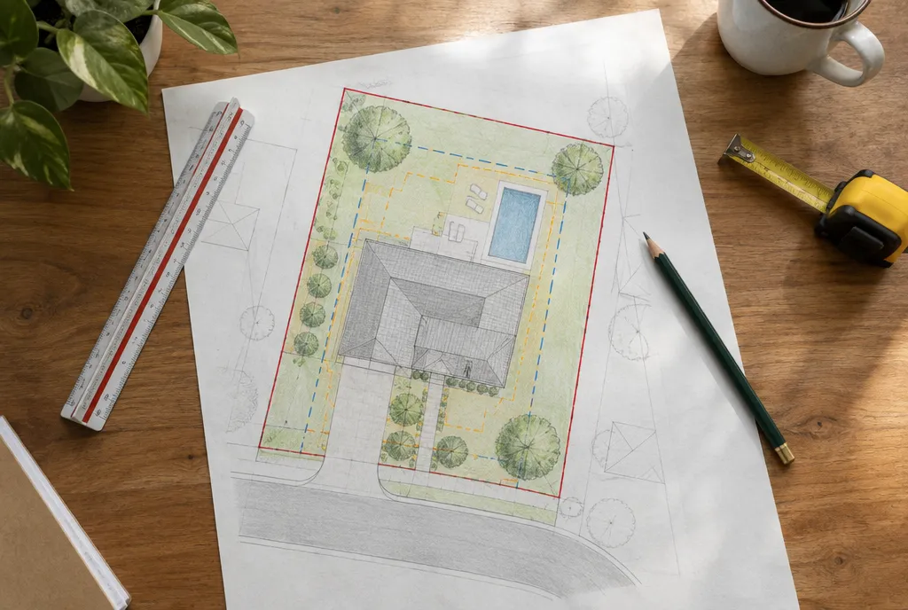 Architect and homeowners seen from behind on an empty plot in a Jaipur colony, studying an open set of drawings (2)