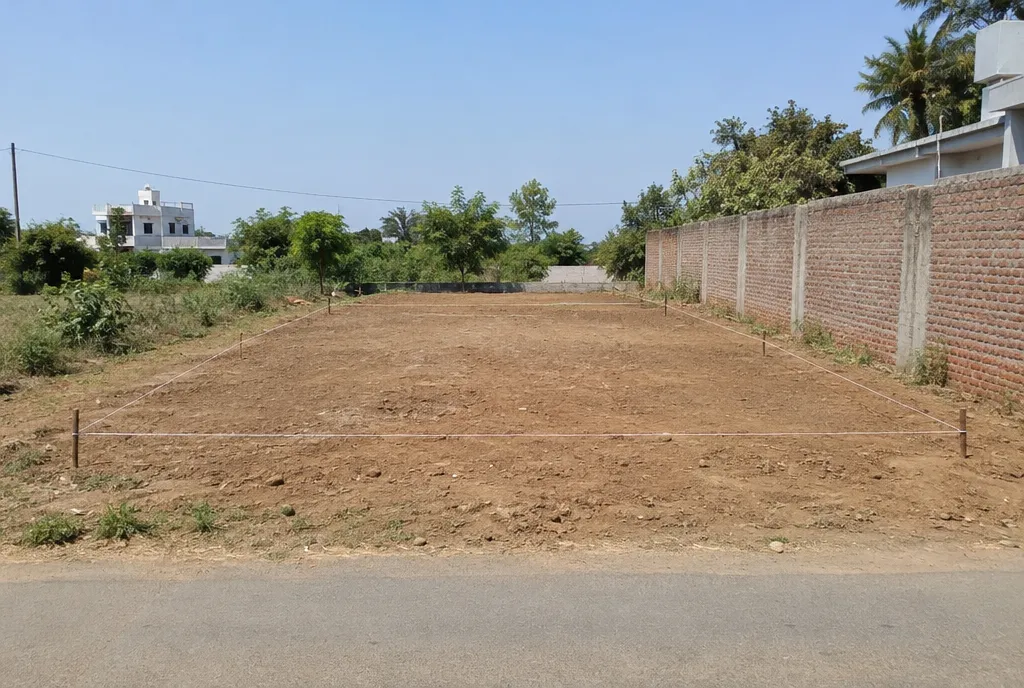 Architect and homeowners seen from behind on an empty plot in a Jaipur colony, studying an open set of drawings (3)