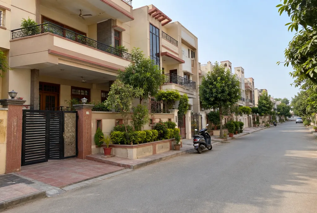 Architect and homeowners seen from behind on an empty plot in a Jaipur colony, studying an open set of drawings (4)