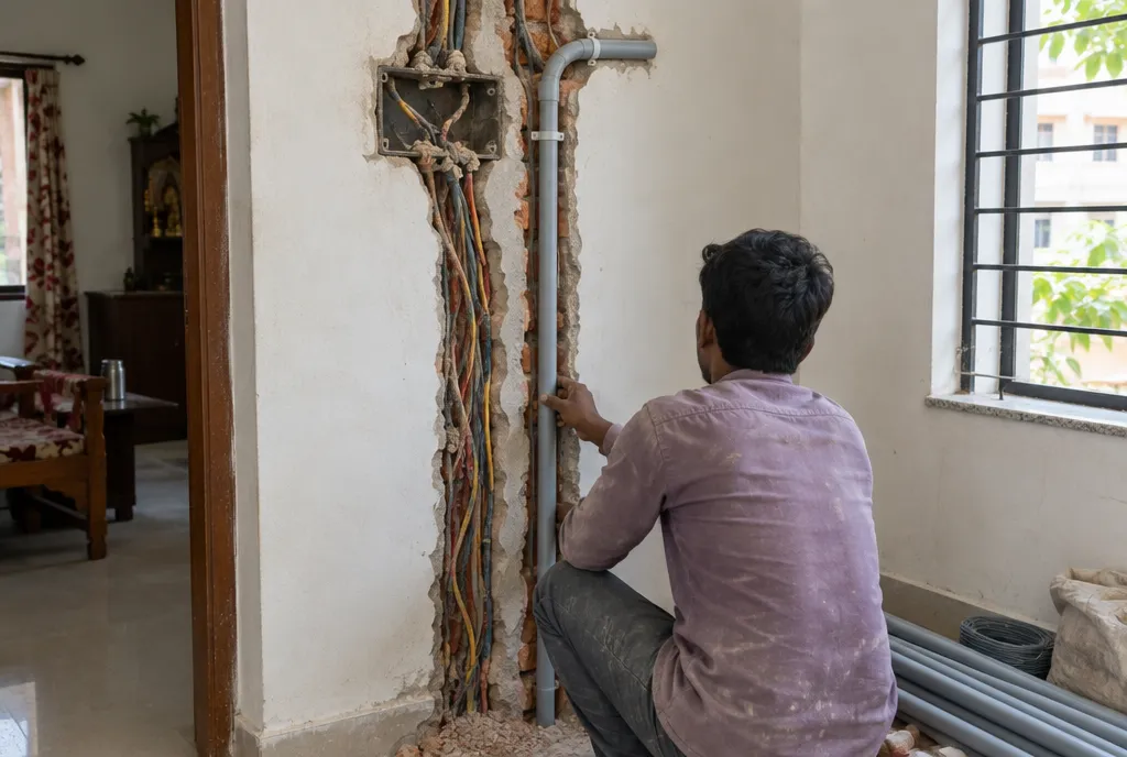 Opened wall in an Indian home showing an old corroded pipe and damp brick, with a contractor and homeowner looking on (4)