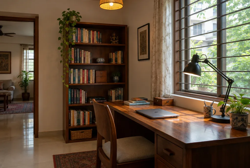 Indian living room with daylight through sheer curtains, cove lighting, a floor lamp and a brass pendant above the table (3)