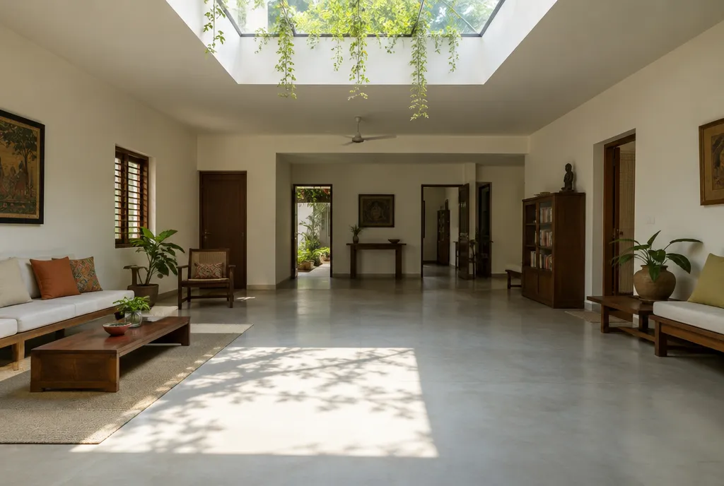 Main entrance of an Indian house with carved wooden door, a rangoli pattern on the threshold and a tulsi plant beside it (4)